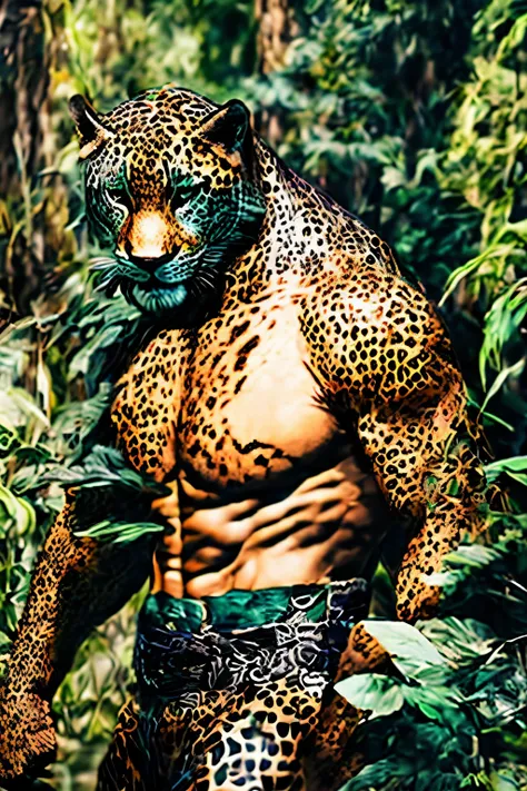 In the heart of a dense and mysterious dark forest, a captivating fusion of man and jaguar, named Jaguarman, roamed with an aura of enigmatic power. Dressed in a camouflaged military green uniform, he exuded an air of readiness, holding a sleek, elite snip...