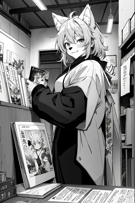 top quality, best quality, highres, unparalleled masterpiece, perfect artwork, paid reward available, indoor, couple of comics(super cute 1girl, 1wolf, kemono, furry anthro)tumblr, sosaku hanga, black and white manga page, manga page, doujin, ddlc, anime, ...