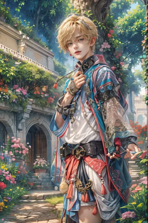 (absurdres, highres, ultra detailed, HDR), masterpiece, Intricate details,best quality picture of a character from Star Ocean, handsome teen boy with short Hair anime eyes, intricate details on face, in a detailed outside garden sanctuary scenery, detailed...