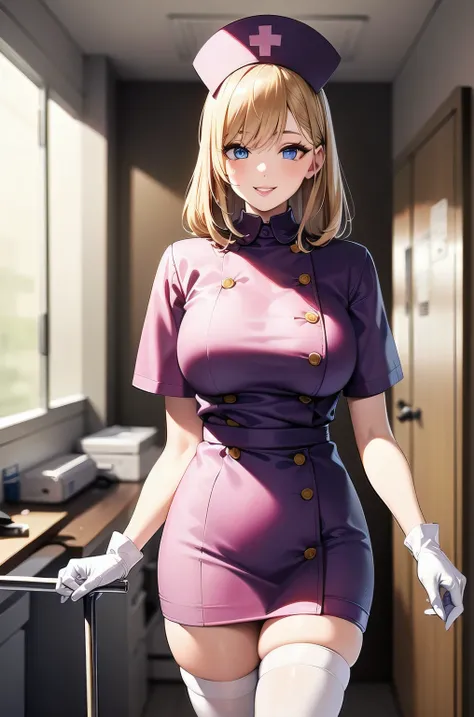 1 female, alone, nurse, nurse cap, white clothes, ((white legwear, zettai ryouiki)), white gloves, blonde hair, blue eyes, pink lips, smile, Are standing, ((hospital room)), sharp outline, short sleeve, mature woman, 35 years old, highest quality, masterpi...