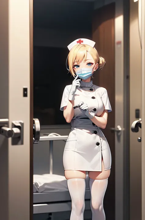 1 female, alone, nurse, nurse cap, white clothes, ((white legwear, zettai ryouiki)), white gloves, blonde hair, blue eyes, ((white surgical mask, covered nose)), Are standing, ((hospital room)), sharp outline, short sleeve, mature woman, 35 years old, high...