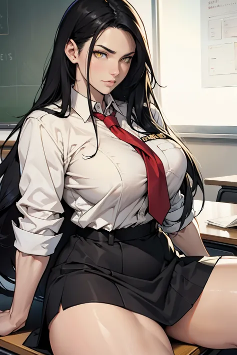 black hair, extremely long hair, yellow eyes, pale skin, muscular, large DD breasts, thick thighs, mad, Teachers uniform, 1 waifu woman