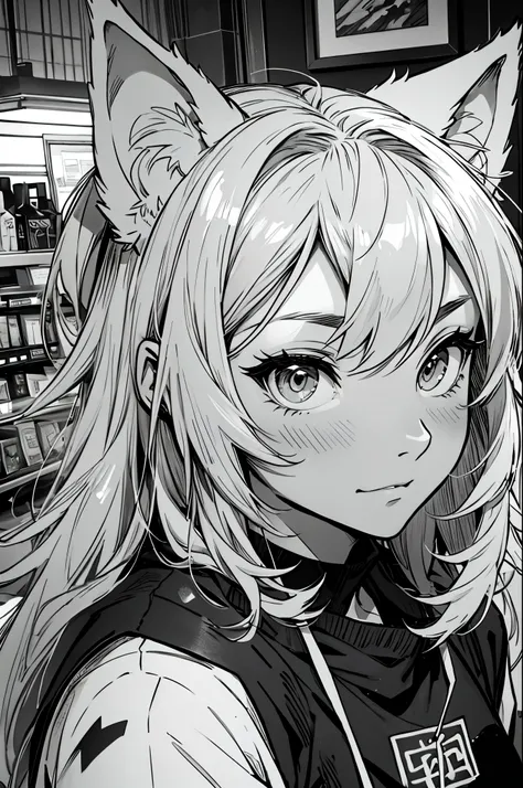 top quality, best quality, highres, unparalleled masterpiece, perfect artwork, paid reward available, indoor, couple of comics(super cute 1girl, 1wolf, kemono, furry anthro)tumblr, sosaku hanga, black and white manga page, manga page, doujin, ddlc, anime, ...