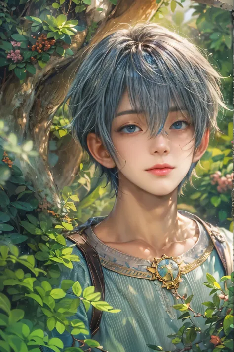 (absurdres, highres, ultra detailed, HDR), masterpiece, Intricate details,best quality picture of a character from Star Ocean, handsome teen boy with short Hair anime eyes, intricate details on face, in a detailed outside garden sanctuary scenery, detailed...