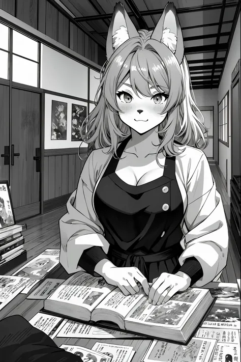 top quality, best quality, highres, unparalleled masterpiece, perfect artwork, paid reward available, indoor, couple of comics(super cute 1girl, 1wolf, kemono, furry anthro)tumblr, sosaku hanga, black and white manga page, manga page, doujin, ddlc, anime, ...