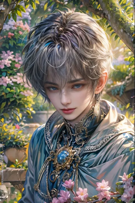 (absurdres, highres, ultra detailed, HDR), masterpiece, Intricate details,best quality picture of a character from Star Ocean, handsome teen boy with short Hair anime eyes, intricate details on face, in a detailed outside garden sanctuary scenery, detailed...