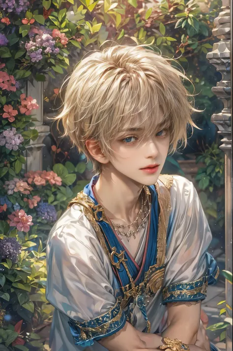 (absurdres, highres, ultra detailed, HDR), masterpiece, Intricate details,best quality picture of a character from Star Ocean, handsome teen boy with short Hair anime eyes, intricate details on face, in a detailed outside garden sanctuary scenery, detailed...