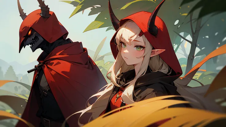 ((Only one beautiful elf woman)) with orange long hair, green eyes, (she wears a dark red, gray and gold fantasy outfit.) (Has a crimson red hood on and on hood there are a one pair of gray horns attached to hood: 1.3) (Living Green Forest Background)
