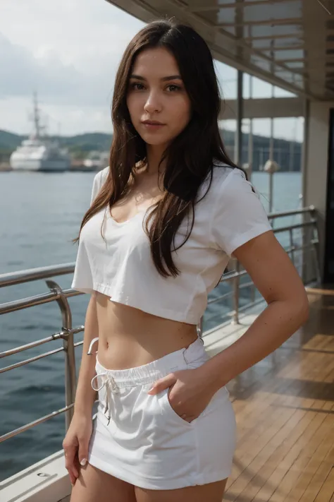 A portrait of a Burnette woman standing on the ship