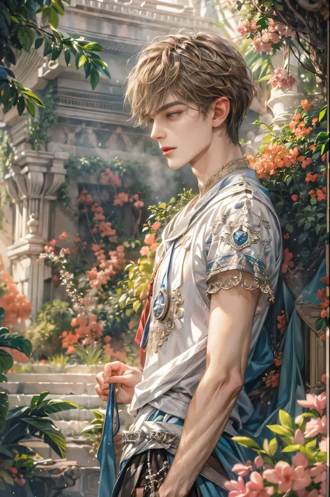 (absurdres, highres, ultra detailed, HDR), masterpiece, Intricate details,best quality picture of a character from Valkyrie Elysium, handsome teen boy with short Hair anime eyes, intricate details on face, in a detailed outside garden sanctuary scenery, de...