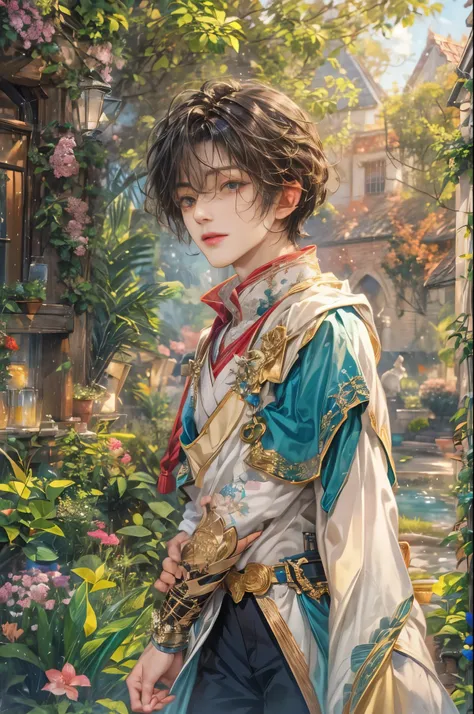 (absurdres, highres, ultra detailed, HDR), masterpiece, Intricate details,best quality picture of a character from Tales of the rays, handsome teen boy with short Hair anime eyes, intricate details on face, in a detailed outside garden sanctuary scenery, d...