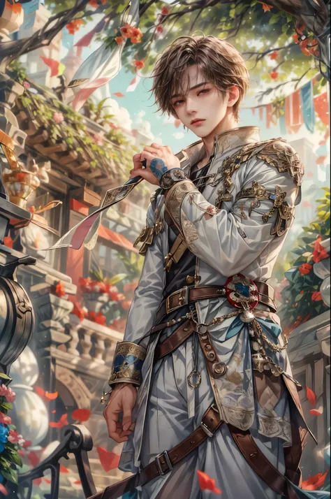 (absurdres, highres, ultra detailed, HDR), masterpiece, Intricate details,best quality picture of a character from Valkyrie Elysium, handsome teen boy with short Hair anime eyes, intricate details on face, in a detailed outside garden sanctuary scenery, de...