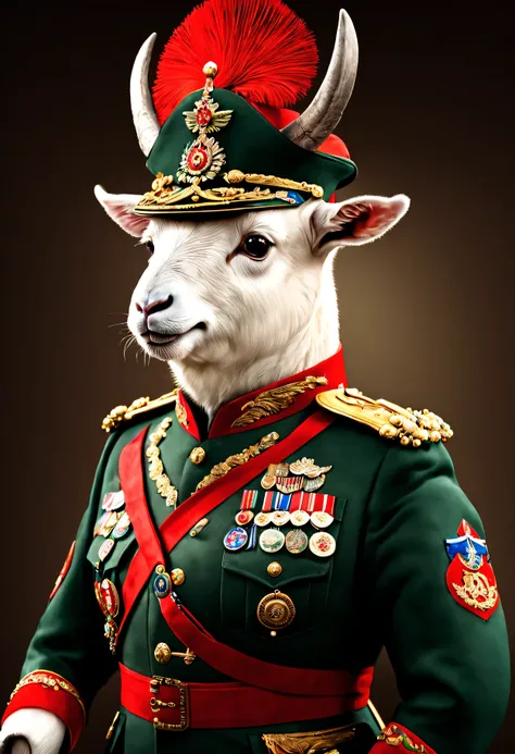 photorealistic portrait of Dressed animals - a ((fat)) goat general,(brave pose), high quality,(lovely) ,intricate details, highly detailed ((military uniform) ,,highly detailed decorations, , (brave), studio lighting,(full body image:1.5)