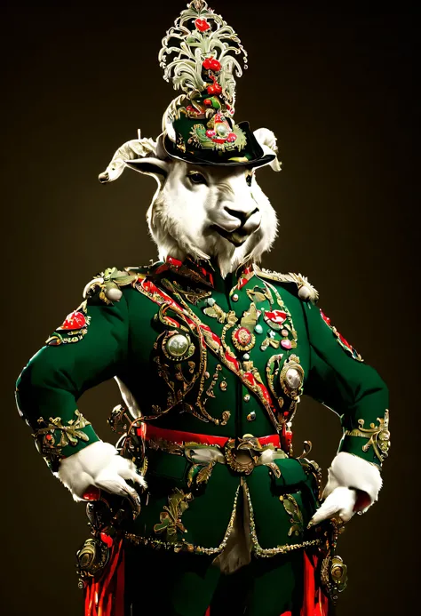 photorealistic portrait of Dressed animals - a ((fat)) goat general,(brave pose), high quality,(lovely) ,intricate details, highly detailed ((military uniform) ,,highly detailed decorations, , (brave), studio lighting,(full body image:2.0)