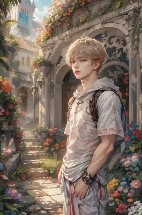 (absurdres, highres, ultra detailed, HDR), masterpiece, Intricate details,best quality picture of a character from Valkyrie Elysium, handsome teen boy with short Hair anime eyes, intricate details on face, in a detailed outside garden sanctuary scenery, de...