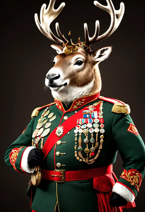 photorealistic portrait of Dressed animals - a ((fat)) reindeer general,(brave pose), high quality,(lovely) ,intricate details, highly detailed ((military uniform) ,,highly detailed decorations, , (brave), studio lighting,(full body image:1.5)