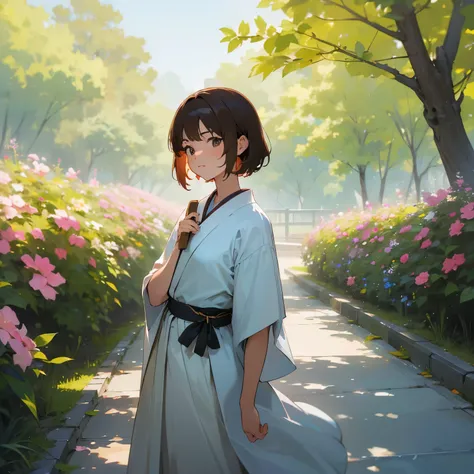 (best quality, ultra high res, photorealistic:1.4), 1girl, faceless, short hair, brown hair color, lora:koreanDollLikeness_v15:1, lora:yaeMikoRealistic_yaemikoMixed:1, garden scenery, colorful flowers, soft sunlight, peaceful ambiance, flowing dress