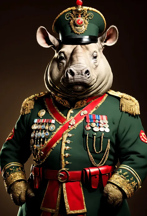 photorealistic portrait of Dressed animals - a ((fat)) rhino general,(brave pose), high quality,(lovely) ,intricate details, highly detailed ((military uniform) ,,highly detailed decorations, , (brave), studio lighting,(full body image:1.5)