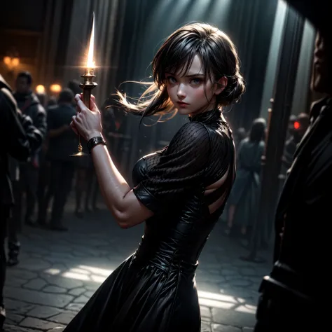 16K, ultra detailed, masterpiece, best quality, (extremely detailed), arafed, action shot, a woman spy, wearing an elegant dress, black dress, holding a (dagger: 1.3)  in a cocktail party,  Wide-Angle, Ultra-Wide Angle, 8k, highres, best quality, high deta...