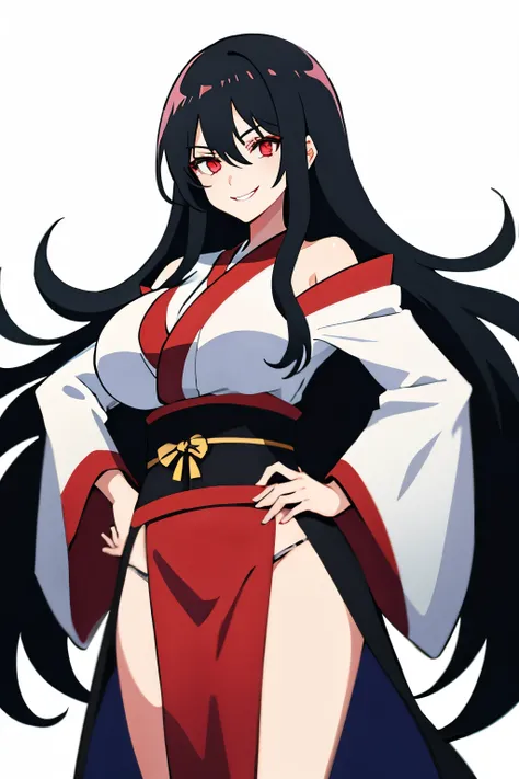 One girl, long hair, black hair, hair over shoulders, red eyes, glowing eyes, big breasts, evil smile, Standing,hands on hips, white kimono, simple background, red background