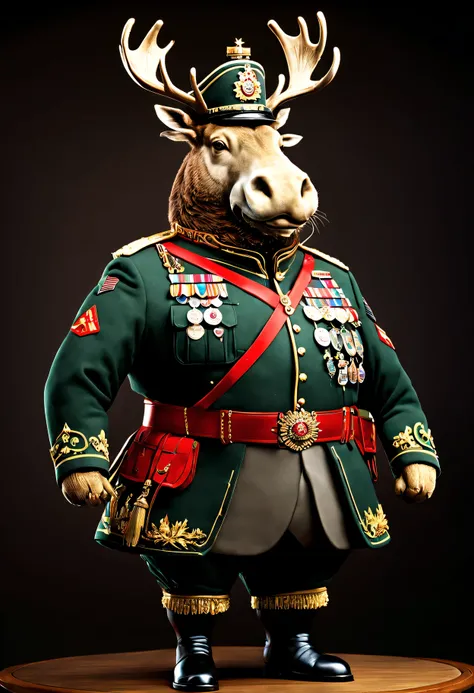 photorealistic portrait of Dressed animals - a ((fat)) moose general,(brave pose), high quality,(lovely) ,intricate details, highly detailed ((military uniform) ,,highly detailed decorations, , (brave), studio lighting,(full body image from head to toe:1.5...