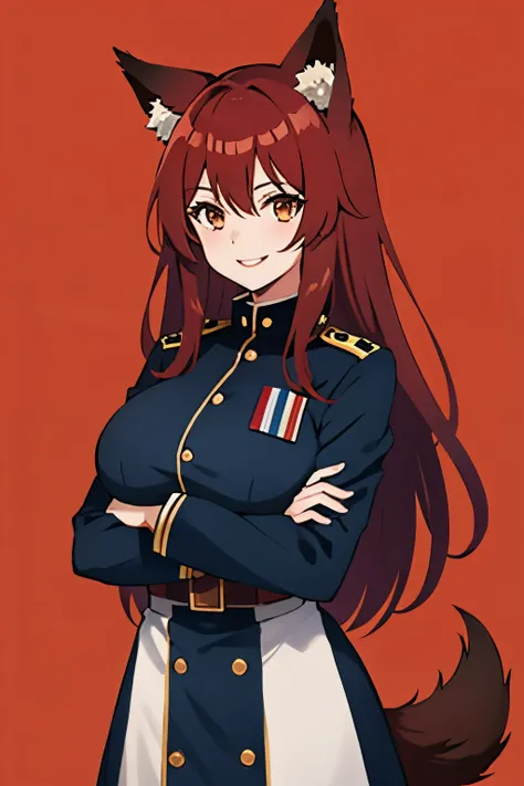 One girl, long hair, red hair, wolf ears, wolf tail, brown eyes, big breasts, happy smile, Standing,crossed arms, militar outfit, simple background, red background