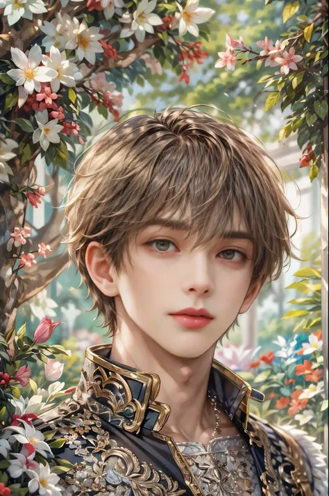 (absurdres, highres, ultra detailed, HDR), masterpiece, Intricate details,best quality picture of a character from Valkyrie Elysium, handsome teen boy with short Hair anime eyes, intricate details on face, in a detailed outside garden sanctuary scenery, de...