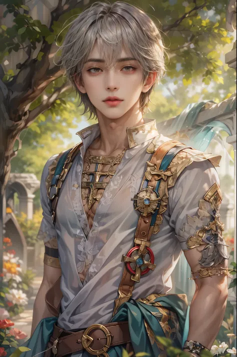 (absurdres, highres, ultra detailed, HDR), masterpiece, Intricate details,best quality picture of a character from Valkyrie Elysium, handsome teen boy with short Hair anime eyes, intricate details on face, in a detailed outside garden sanctuary scenery, de...