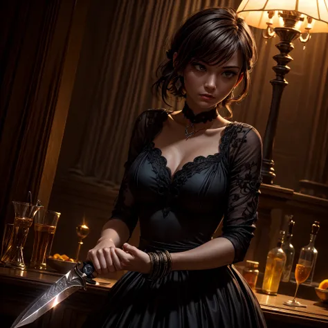 16K, ultra detailed, masterpiece, best quality, (extremely detailed), arafed, action shot, a woman spy, wearing an intricate elegant dress, black dress, holding a (dagger: 1.3) in a cocktail party, Wide-Angle, Ultra-Wide Angle, 16k, highres, best quality, ...