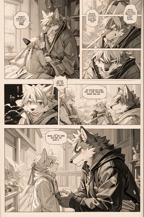 top quality, best quality, highres, unparalleled masterpiece, perfect artwork, paid reward available, indoor, couple of comics(super cute 1girl, 1wolf, kemono, furry anthro)tumblr, sosaku hanga, black and white manga page, manga page, doujin, ddlc, anime, ...