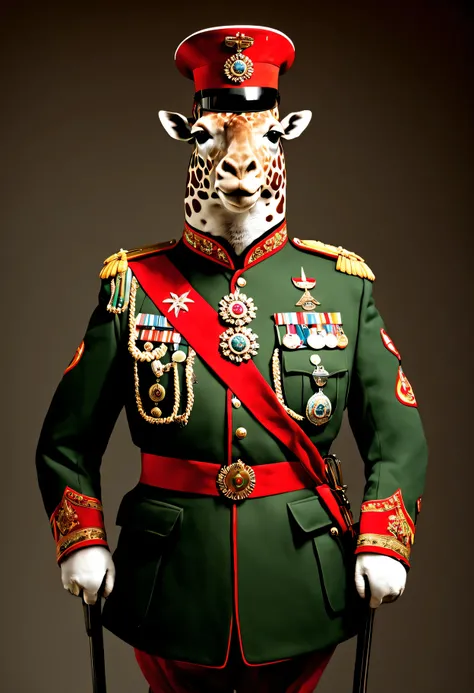 photorealistic portrait of Dressed animals - a ((fat)) giraffe general,(brave pose), high quality,(lovely) ,intricate details, highly detailed ((military uniform) ,,highly detailed decorations, , (brave), studio lighting,(full body image from head to toe:1...