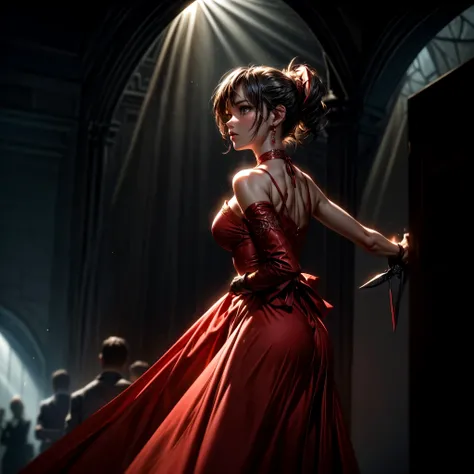 16K, ultra detailed, masterpiece, best quality, (extremely detailed), arafed, action shot, a woman spy, wearing an intricate elegant dress,  red dress, holding a (dagger: 1.3) in her hand,  in a cocktail party background,  Wide-Angle, Ultra-Wide Angle, 8k,...