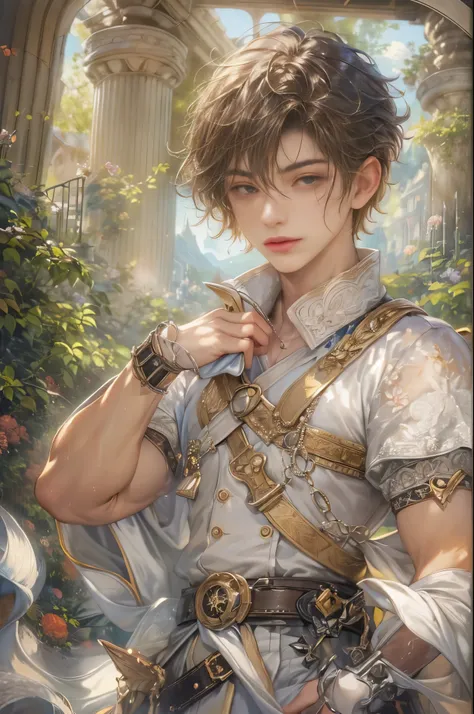 (absurdres, highres, ultra detailed, HDR), masterpiece, Intricate details,best quality picture of a character from Valkyrie Elysium, handsome teen boy with short Hair anime eyes, intricate details on face, in a detailed outside garden sanctuary scenery, de...