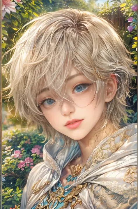 (absurdres, highres, ultra detailed, HDR), masterpiece, Intricate details,best quality picture of a character from Tales of the rays, handsome teen boy with short Hair anime eyes, intricate details on face, in a detailed outside garden sanctuary scenery, d...