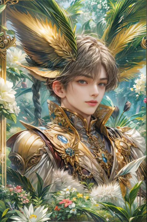 (absurdres, highres, ultra detailed, HDR), masterpiece, Intricate details,best quality picture of a character from Tales of the rays, handsome teen boy with short Hair anime eyes, intricate details on face, in a detailed outside garden sanctuary scenery, d...