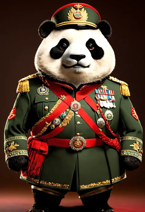 photorealistic portrait of Dressed animals - a ((fat)) panda general,(brave pose), high quality,(lovely) ,intricate details, highly detailed ((military uniform) ,,highly detailed decorations, , (brave), studio lighting,(full body image from head to toe:1.5...