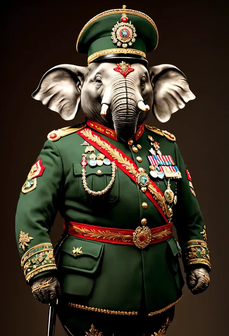 photorealistic portrait of Dressed animals - a ((fat)) elephant general,(brave pose), high quality,(lovely) ,intricate details, highly detailed ((military uniform) ,,highly detailed decorations, , (brave), studio lighting,(full body image from head to toe:...