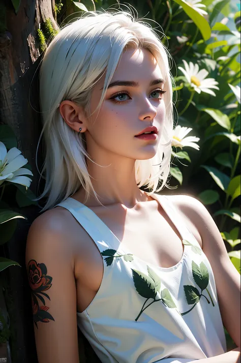 1girl, solo, white_hair, tattoos, grotto, verdant, flowers, beautiful, idyllic, sublime, absurdres, hyper-realism, textured, maximum_detail, dslr 