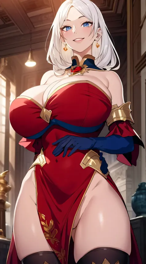 Lian, long white hair, hair stick, bangs, blue eyes, solo, smiling, standing, upper body, hips, bare shoulders,purple thighhighs, red dress, gold jewelry,armor,gloves,circlet, cleavage, red and gold royal castle, gigantic breasts, (best quality, masterpiec...