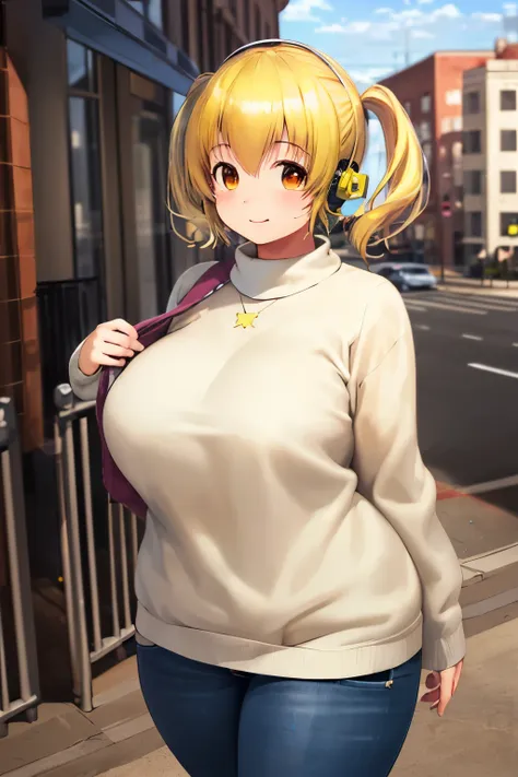 masterpiece, best_quality, 1girl, solo, super pochaco, blonde hair, plump, sweater, city