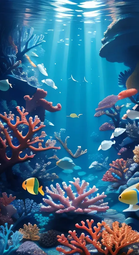 Create a magical underwater fantasy wallpaper with mystical sea creatures, colorful coral reefs, and shimmering light rays, transporting viewers to an enchanting underwater realm