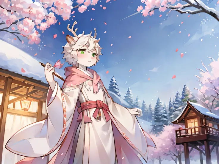 a white deer，antlers，green pupils，white hair，robe，shawl，pink petals，pavilion，wisteria rose，peach tree，snowflake，坐在pavilion中，sky，...