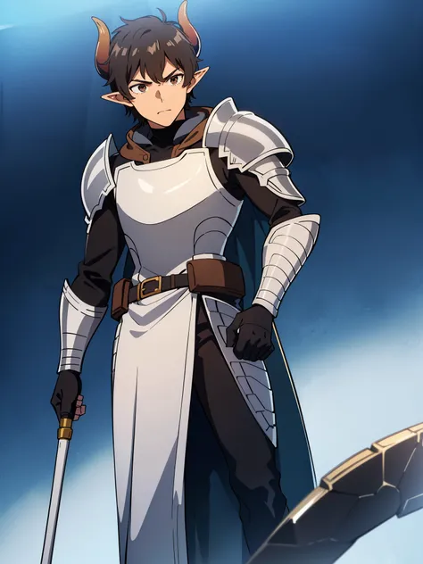 1boy,20 years,solo,serious,((brown skin)),black hair,elf ears,short hair,(horns),ice background,((knight silver armor)),cowboy shot,serious,standing