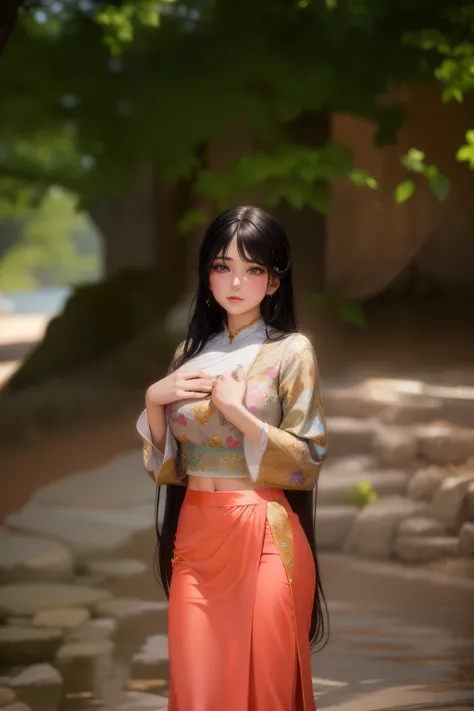 "Realistic portrayal of a beautiful young woman, with flowing white hair and piercing purple eyes. Her eyes seem to glow with an otherworldly light, and her parted lips reveal a hint of blush on her cheeks. Shes wearing a stylish crop top and skirt, and is...