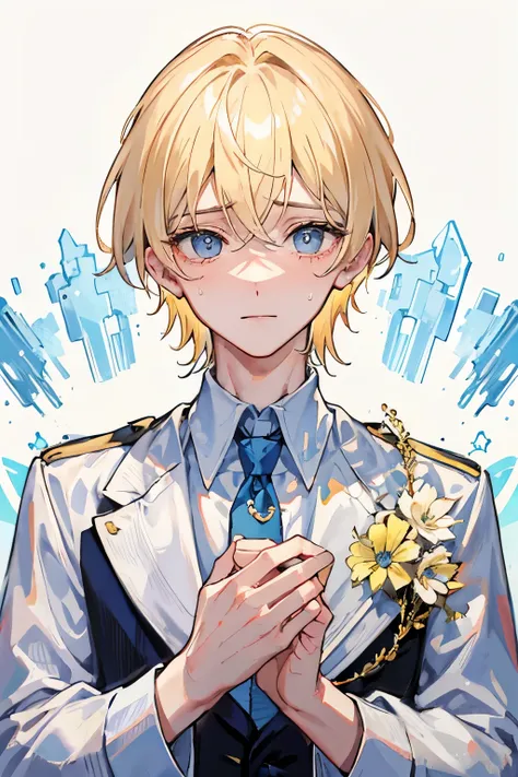 1 boy, blonde hair, blue eyes, 20 year old beautiful boy　heartbreak　tears　background white
