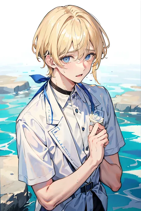 1 boy, blonde hair, blue eyes, 20 year old beautiful boy　heartbreak　tears　background white
