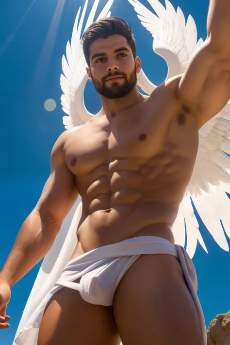 A flying angel looking to the right side with his right hand extended upwards towards something bright, perna esquerda levemente dobrada e a perna direita estendida, grandes asas brancas, corpo definido, sem roupa, only in the loincloth, deus grego, corpo ...