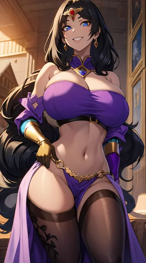 olga discordia, long black hair, colored skin, brown skin, hair stick, bangs, blue eyes, solo, smiling, standing, upper body, hips, bare shoulders,purple thighhighs,violet dress, gold jewelry,armor,gloves,circlet, cleavage, red and gold royal castle, gigan...