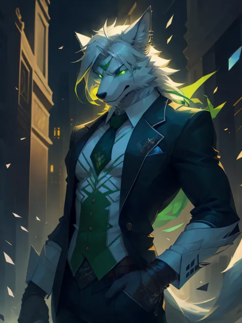 male, furry, Wolf anthro, solo, white fur, green eyes, (Realistic eye details 1.2), business suit wear, V0id3nergy, abs, Masterpiece, dramatic lighting, soft lighting, day, highly detail, Hair coiled