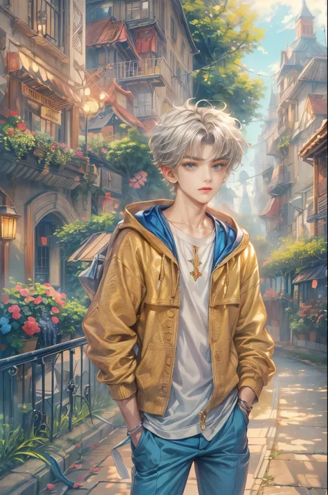 (absurdres, highres, ultra detailed, HDR), masterpiece, Intricate details,best quality picture of a character from Sailor Moon, male version of a character, handsome teen boy with short Hair anime eyes, intricate details on face, casual stylish clothes, in...